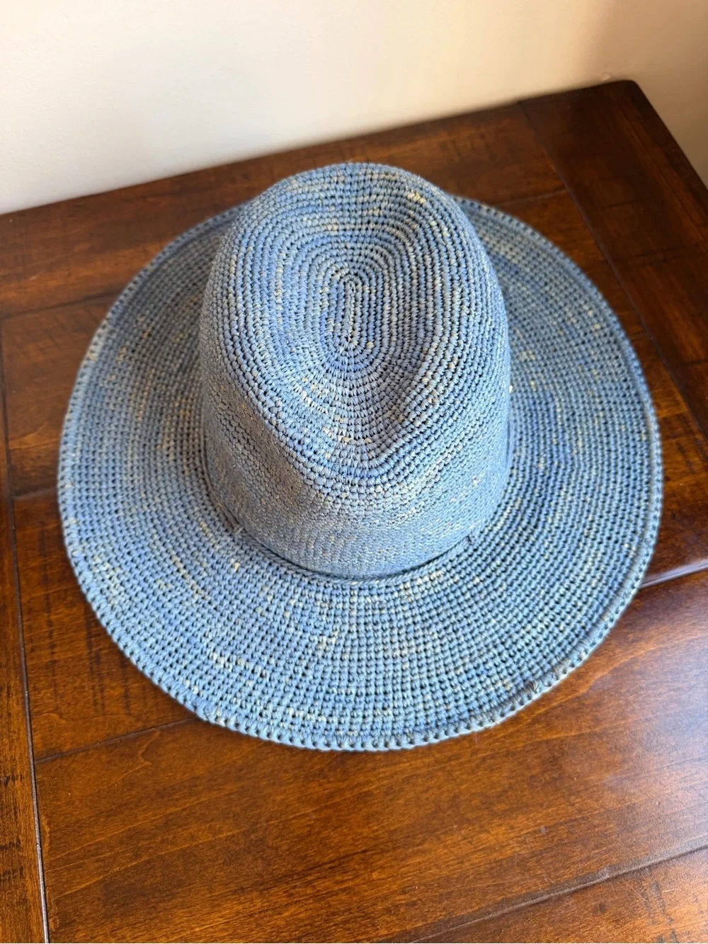 Helen Kaminski Stonewashed Blue 100% Raffia Crochet Fedora Sun Hat Wide Brim OS